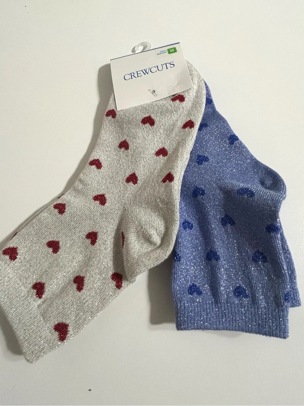 NWT Girls J. Crew Glitter Heart Crew Socks, size medium